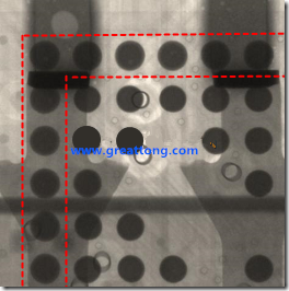 BGA錫球尺寸小于0.4mm，采用降低BGA內圍襲球的錫膏量所得到X-Ray，稍微留意一下可以發(fā)現(xiàn)最外圈的錫量(圓的直徑)比其他內圍的錫球上的錫量來得多一點點。也就是外圈的黑色圓形直徑比內圈的圓形來得大一點點。