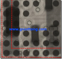 BGA錫球尺寸小于0.4mm，采用降低BGA內圍襲球的錫膏量所得到X-Ray，稍微留意一下可以發(fā)現(xiàn)最外圈的錫量(圓的直徑)比其他內圍的錫球上的錫量來得多一點點。也就是外圈的黑色圓形直徑比內圈的圓形來得大一點點。