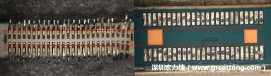 把板對板連接器與其電路板的佈線焊墊作一個比較，端子的切斷面有毛邊的地方剛好對到了裸銅區(qū)。