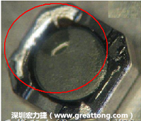 使用錫(Sn)鍍層的電源電感器(Power Inductors)，經(jīng)過(guò)推力測(cè)試后，其焊點(diǎn)還保留在零件的端點(diǎn)上，所以推力比較高。