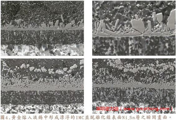 下面四張圖片為放大4500倍的SEM圖像，說明在回流焊爐熱量不足的情況下，黃金成份正要從鎳層分離融入焊錫之中的瞬間，當(dāng)零件遭受外力沖擊的時候就極有可能從這一整排AuSn、、AuSn2或AuSn4的IMC處裂開。
