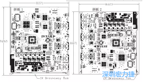 如圖7所示是使用不同數(shù)量邊條的拼板，拼板1僅使用了一個邊條，直接利用PCB另一邊作為SMT工藝傳送邊，并且PCB圖形中有合適的安裝孔；而拼板2則是按常規(guī)設(shè)計了兩個邊條。拼板方式為連接筋。圖中“Breakaway Tab”指邊條-深圳宏力捷