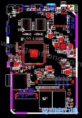 上圖是一個開發(fā)板的PCB，從布局中可以看出各個接口電路分離很明確，SDRAM和DDR以及SD卡接口電路等走線不會造成相互的干擾。-深圳宏力捷