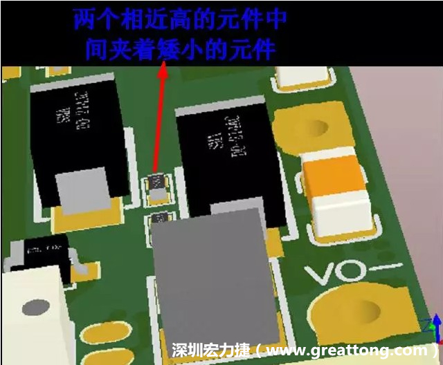 放置器件時要考慮以后的焊接和維修，兩個高度高的元件之間盡量避免放置矮小的元件