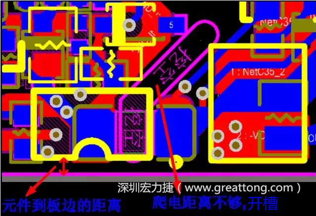 如果碰到模塊PCB空間有限，爬電距離不夠，可以采用開(kāi)槽的方式