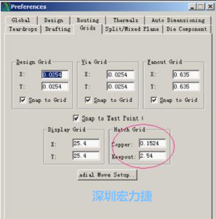  改銅皮的填充網(wǎng)格Global→Design Units，填充方向Drafting→Direction；Hatch Grid中Copper此數(shù)值為大銅箔中所填充的線條中心到中心的距離。