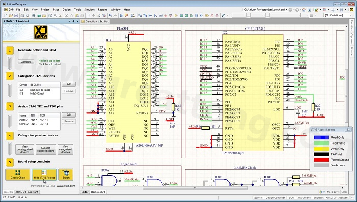 XJTAG DFT Assistant的Access Viewer模式可以清楚地顯示可用的測(cè)試存取層級(jí)，讓電路板設(shè)計(jì)人員在展開(kāi)PCB布局以前的原理圖擷取階段盡可能地提高測(cè)試存取能力