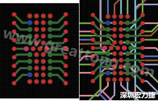 圖7：焊盤內(nèi)過孔用于內(nèi)部，而外部接腳在0.5mm閘格上扇出。圖7a顯示的是頂層(左)；圖7b顯示頂層和內(nèi)部布線層(右)。