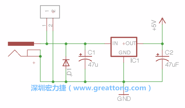 2.5.    新增一個二極體，它會以水平的狀態(tài)出現(xiàn)在屏幕上，請使用「旋轉(zhuǎn)（Rotate）」工具把它負極那一面朝上，并且用「網(wǎng)絡(luò)連接」工具將它連接在電壓調(diào)整器的輸入端和接地端之間。