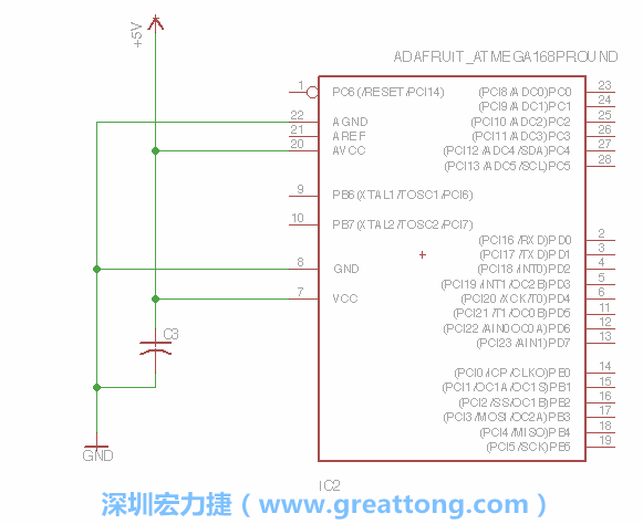 3.1.    新增微控制器晶片（RBBB → ATmega），把它放在電路原理圖的中央附近，把它的兩個接地接頭連接到接地訊號端。