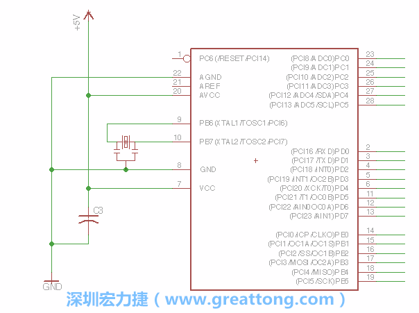 3.2.    在靠近ATmega的電源供應(yīng)針腳7的位置放置一個0.1μF的電容，將它分別連接電源、接地端和針腳7。