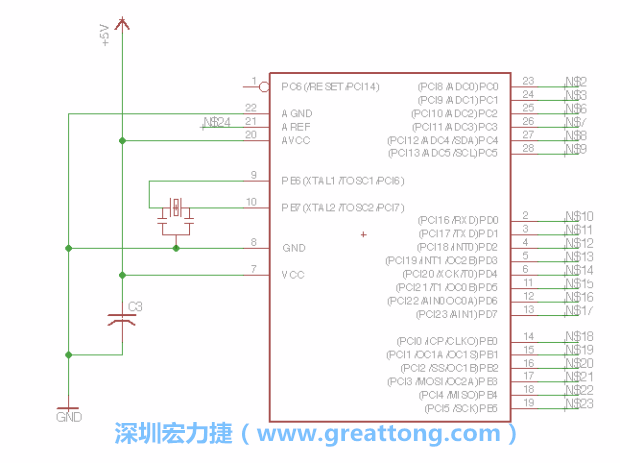 3.3.    將共鳴器（resonator）放置在針腳9和針腳10附近，將它的三個針腳連接如圖所示，并確認最中間的針腳有連到接地端。