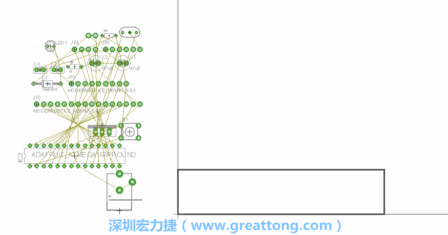 第一次執(zhí)行布線編輯器時，你會發(fā)現(xiàn)有兩個區(qū)塊，左邊的區(qū)塊非常混亂，而右邊的區(qū)塊則是一個長方形的工作區(qū)域，EAGLE免費(fèi)版會限制你的工作區(qū)域在4” x 3.2”的范圍內(nèi)，如果你試圖將元件擺放在工作區(qū)外的話，就會跳出警示訊息。