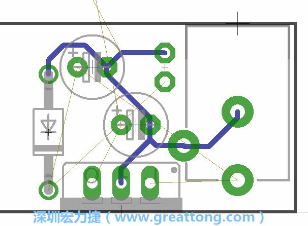 當(dāng)你在擺放元件時，要注意元件間的連結(jié)關(guān)系使用「旋轉(zhuǎn)（Rotate）」工具來讓連結(jié)點更接近、更容易布線。舉例來說，我們可以將這邊的二極體轉(zhuǎn)一個方向來縮短和47μF電容間的連結(jié)距離。