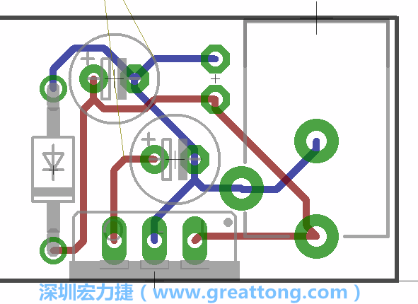 接地連結(jié)點的布線情形如下圖所示，利用這個練習(xí)來避免電路連線銳角化的產(chǎn)生是一個不錯的選擇，你可以在工具列中的彎曲線路（Wire Bend）選項里改變各種布線的變化。