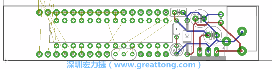 將ATmega微控制器、三個GPIO排針（JP2, JP3, JP4）和諧振器（resonator）排置如上圖所示。