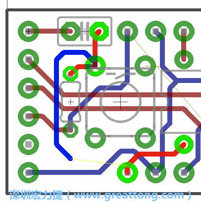 要在電路板正面進(jìn)行+5V信號線連結(jié)和其他連結(jié)點的布線工作是非常容易的，而重置信號線（信號線用來連結(jié)電路板正面左邊的重置開關(guān)）需要經(jīng)過一個可以通過電路板正反兩面的電路通道，這個通道是一個可以讓電路板正反兩面線路連接的一個小孔。