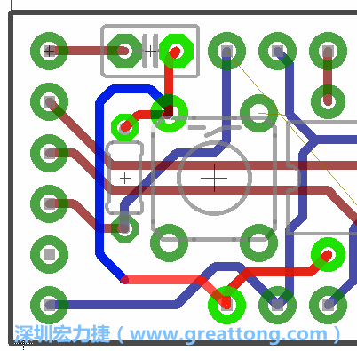 為了要創(chuàng)造一個電路通道，首先要先點擊重置開關(guān)的連結(jié)點進(jìn)行布線，在電路板的背面繪制線路直到其它線路前的乾淨(jìng)區(qū)域。