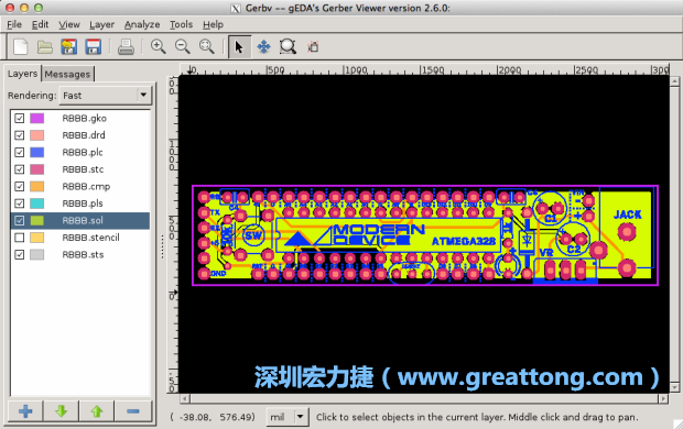 將圖層匯入你的Gerber預(yù)覽工具內(nèi)（下圖為Gerbv），我通常會從上到下重新排列它們的順序，好讓我比較好校對：