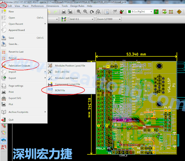 在Kicad的PCB Editor, 點(diǎn)選 File->Fabrication Outputs->BOM File, 即可產(chǎn)生一個 .csv 的Excel 檔案。