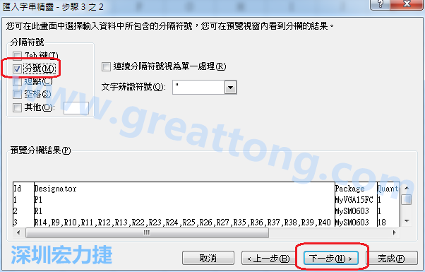 新增一個新的Excel文檔，[資料]匯入[從文字檔]，然后選擇剛產(chǎn)生的BOM (.csv)檔案，并以"分號"作為分隔符號。