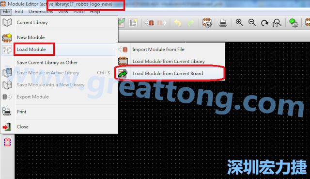 進入Module Editor去載入其他Footprint(Module)進來， 從目前的Active library (不過要先選取一個Current library ) 載入Module 或從目前正在編輯的PCB載入Module。