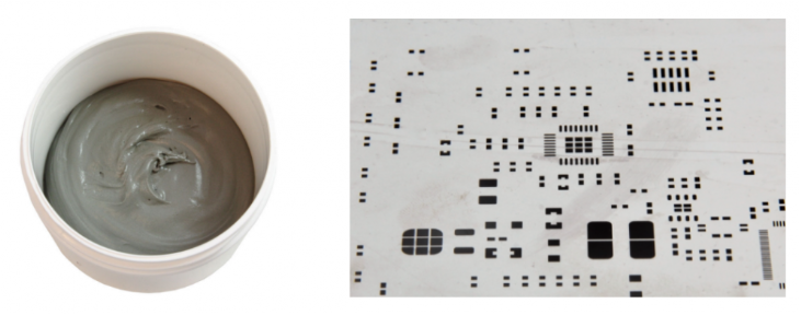 焊膏（左），PCB模板激光切割孔（右）